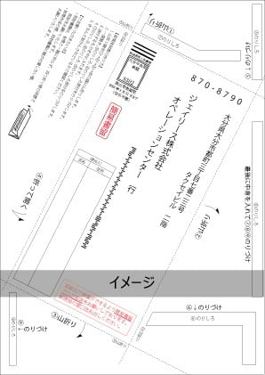 A4サイズ封筒の展開図。不要部分を切り取り、糊付けして封筒を作るようになっている。おもて面にあたる部分に、ジェイリース株式会社オペレーションセンター雪の住所と宛名が書かれている。