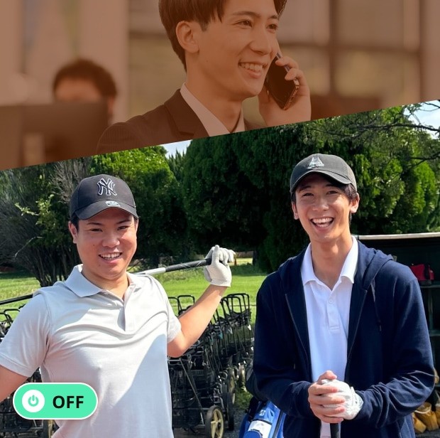 「OFF」のプライベート写真。ゴルフ場で友人との2ショット。向かって右側が石井さん。黒いキャップとゴルフウエアの格好でリラックスした笑顔を向けている。
