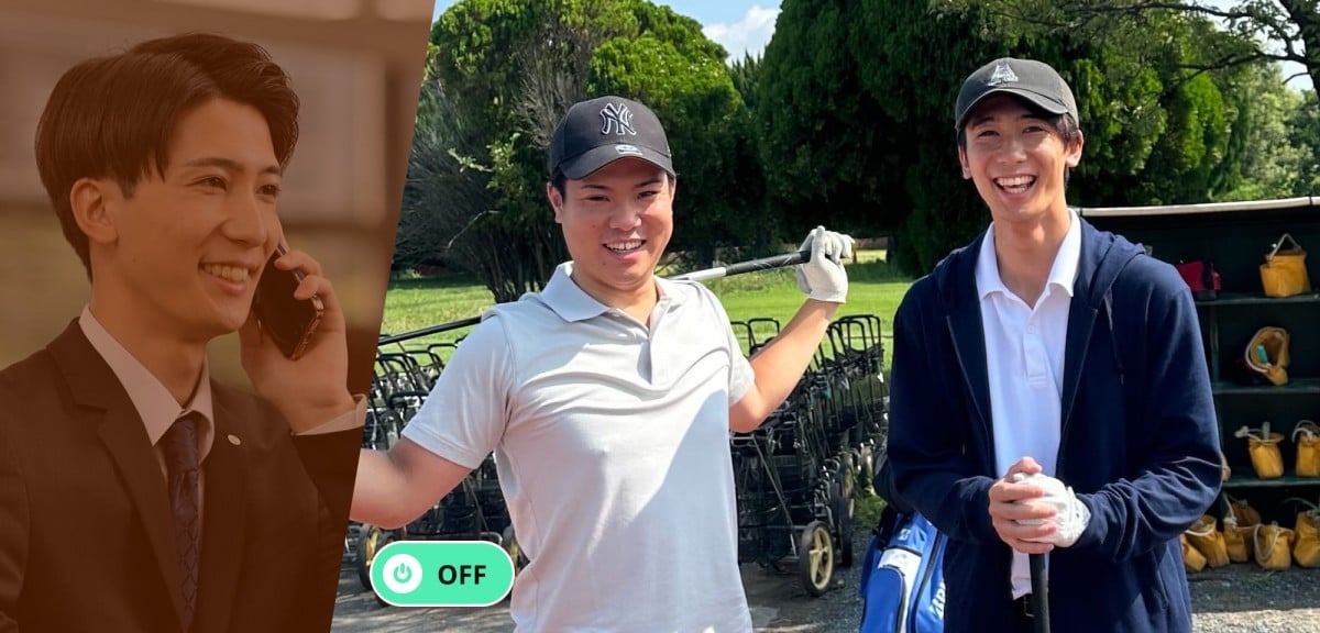 「OFF」のプライベート写真。ゴルフ場で友人との2ショット。向かって右側が石井さん。黒いキャップとゴルフウエアの格好でリラックスした笑顔を向けている。