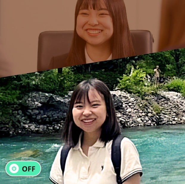 「OFF」のプライベート写真。川を背景に笑顔を向ける生井さん。ポロシャツとジーンズでリュックを背負うカジュアルなスタイル