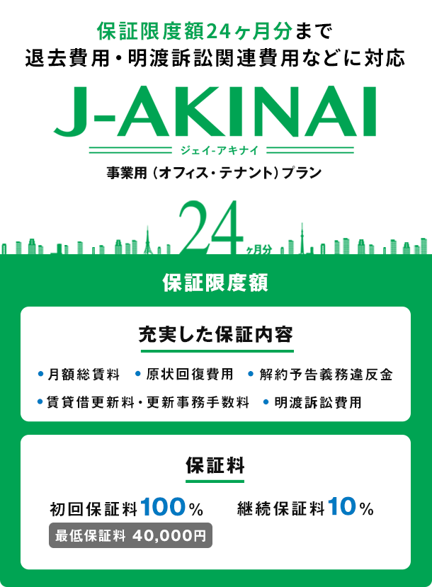保証限度額24ヶ月分まで退去費用・明渡訴訟関連費用などに対応 J-AKINAI(ジェイ-アキナイ)事業用(オフィス・テナント)プラン 24ヶ月分 保証限度額 充実した保証内容 月額総賃料 原状回復費用 解約予告義務違反金 賃貸借更新料・更新事務手数料 明渡訴訟費用 保証料 初回保証料100% 継続保証料10%